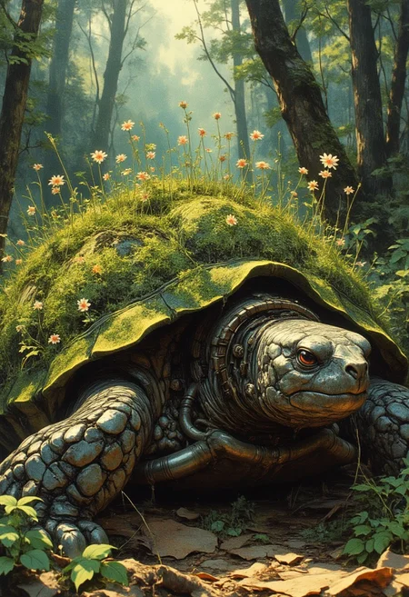 Moss-covered turtle with intricate mechanical parts integrated into its shell and limbs, blending nature and machinery seamlessly. The moss spreads across its metallic surfaces, with tiny flowers and vines sprouting from the crevices. Gears and pistons subtly visible under the moss, glowing faintly with green and gold light. The turtle rests on a forest floor, surrounded by scattered leaves and soft sunlight filtering through dense foliage. Off-center framing, emphasizing the contrast between the organic and the mechanical.