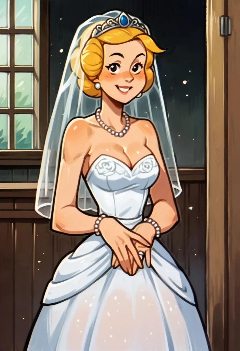 score_9, score_8_up, score_7_up, alice mitchell, wedding dress, looking at viewer, smile