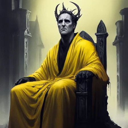 Horror-themed, <lora:perfection style:0.6>
<lora:Chiaroscuro Lighting Style:0.6>
<lora:carcosa city style v2:0.9>
In an ancient and mysterious city a drawing of a man in a yellow robe sitting on a throne carcosa city style,open mouth,teeth,no humans,sharp teeth,monster,robe,horror (theme) , detailed, real, different, unique, cinematic, dramatic, concept art, filmic, detailed background, detailed settings, artstation, carcosa city style, Eerie, unsettling, dark, spooky, suspenseful, grim, highly detailed