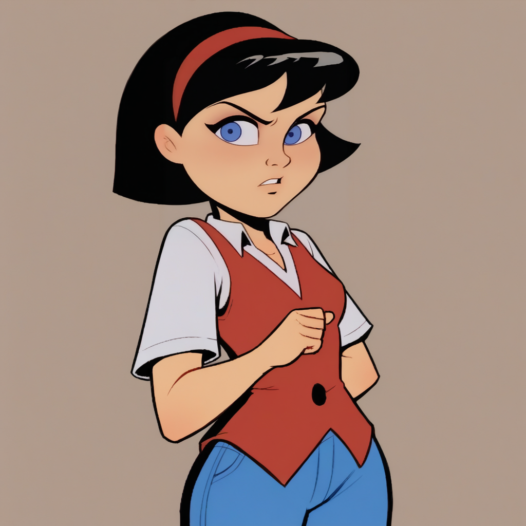 score_9_up, score_8_up, BREAK, Bea, 1girl, solo, black hair, short hair, blue eyes, red headband, shirt, vest, blue pants, cowboy shot,  <lora:Bea_MightyMax_PXL_Leaf1:1>,
