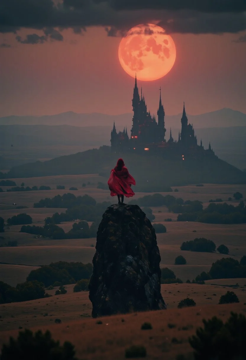 artilands02, a atmospheric Landscape painting in desaturated colors, film scene from Denis Villeneuve. Cinematography. Atmosphere of tension. Dracula's castle amde auf translucent Material, isolated on a rocky hill, as seen from far away on a bleaked orange moon-lit night, crimson roofs, towering over the landscape. His castle is tall and slender infront an endless Landscape scenery, atmospheric haze , ethdysty
