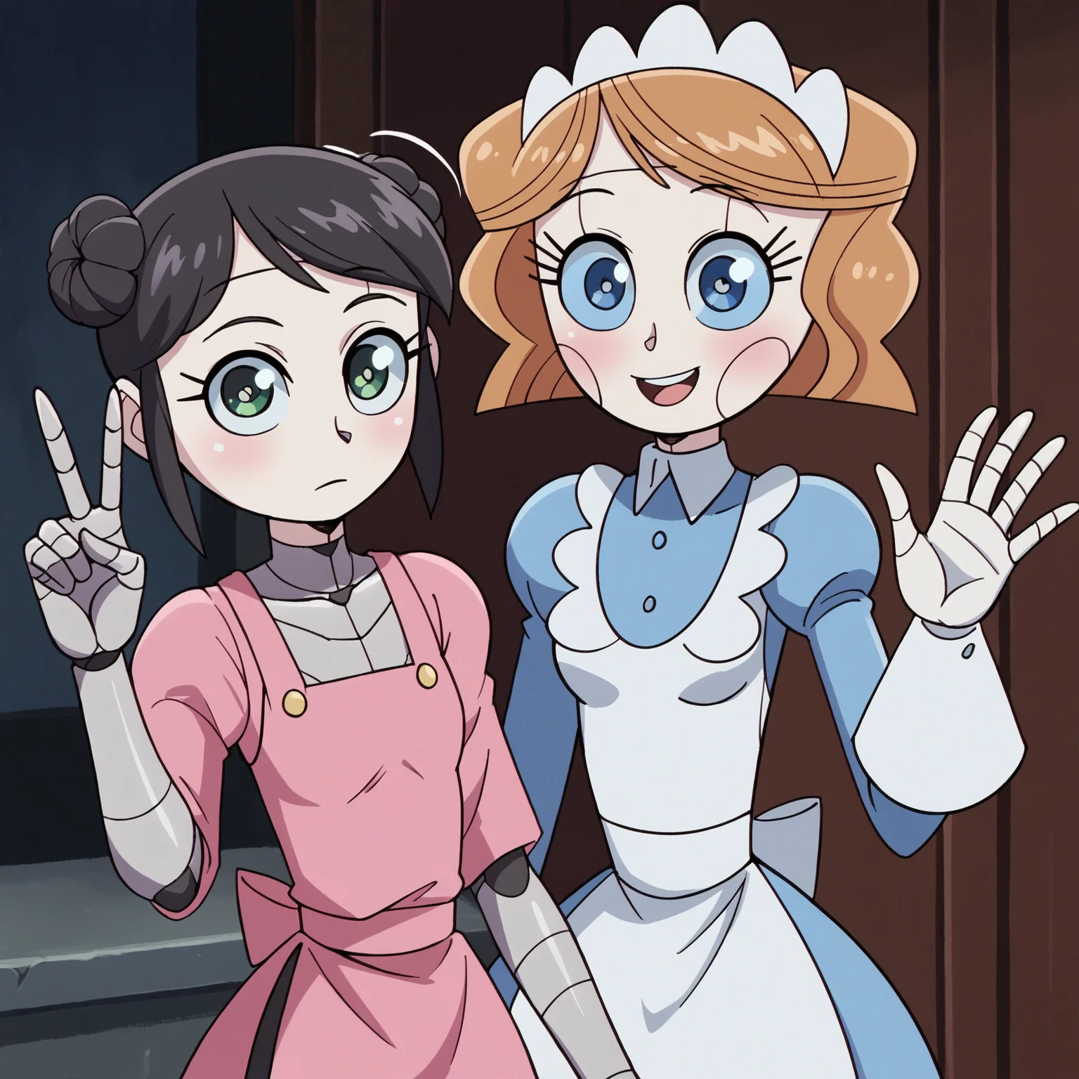score_9_up,score_8_up,score_7_up,score_6_up,2girls,robot,looking at viewer,in a busy street,
<lora:mina:0.8>,2girls,mina_wz,green eyes,eyelashes,black hair,double bun,hair bun,short hair,sidelocks,closed mouth,expressionless,android,pink dress,apron,white kappougi,black pantyhose,robot,mechanical parts,mechanical arms,mechanical legs,doing v, v,
<lora:Emmy_Emmy_the_Robot_commission:0.7>,2girls,emmytr,robot,brown hair,blue eyes,maid uniform,maid headdress,shy smile,waving