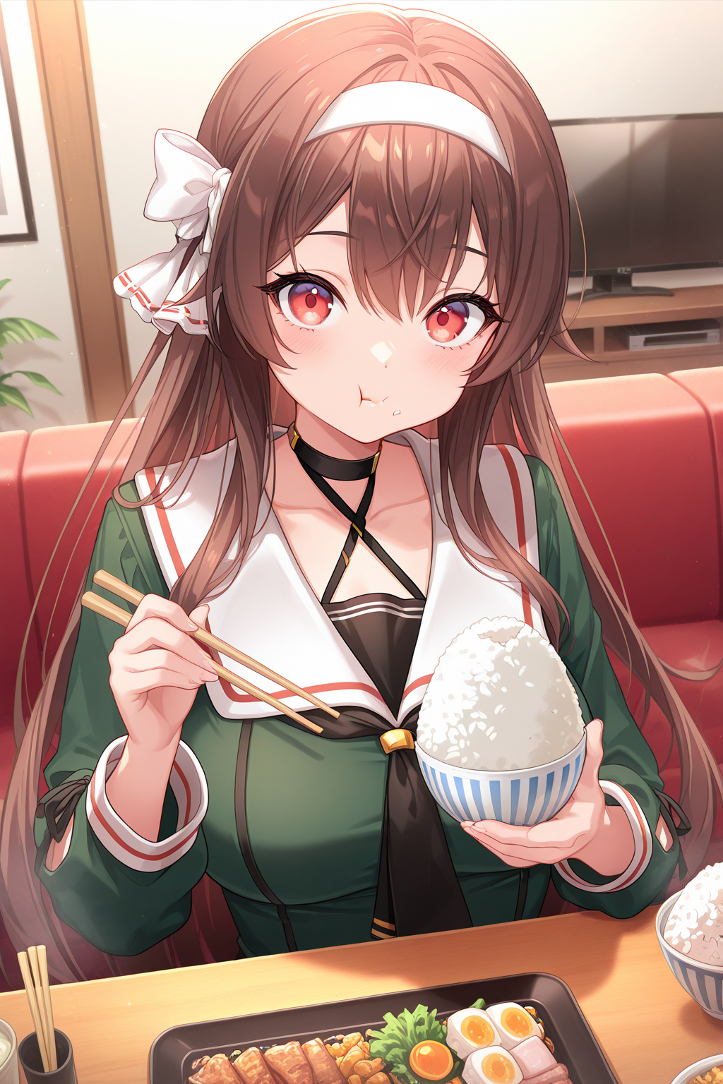 1girl, YaezawaNatoriDotLive, 
general, solo, dynamic angle, upper body,
very long hair, brown hair,
red eyes, eyelashes, large breasts,
white hairband, hair bow on right side,
black choker, criss-cross halter, black neckerchief,
white sailor collar, green shirt, long sleeves,
looking at viewer, sitting, holding chopsticks, (rice bowl),
chewing,
indoors, living room, table,
<lora:kp_YaezawaNatoriDotLive2ndCostumeIllustrious_v1_0:1.0>,
masterpiece, best quality, amazing quality