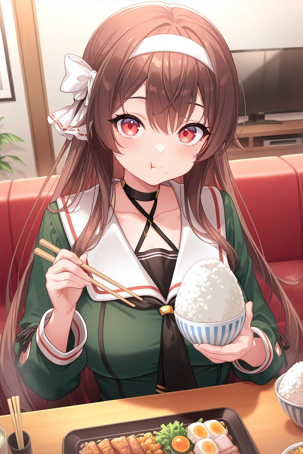 1girl, YaezawaNatoriDotLive,
general, solo, dynamic angle, upper body,
very long hair, brown hair,
red eyes, eyelashes, large breasts,
white hairband, hair bow on right side,
black choker, criss-cross halter, black neckerchief,
white sailor collar, green shirt, long sleeves,
looking at viewer, sitting, holding chopsticks, (rice bowl),
chewing,
indoors, living room, table,
<lora:kp_YaezawaNatoriDotLive2ndCostumeIllustrious_v1_0:1.0>,
masterpiece, best quality, amazing quality