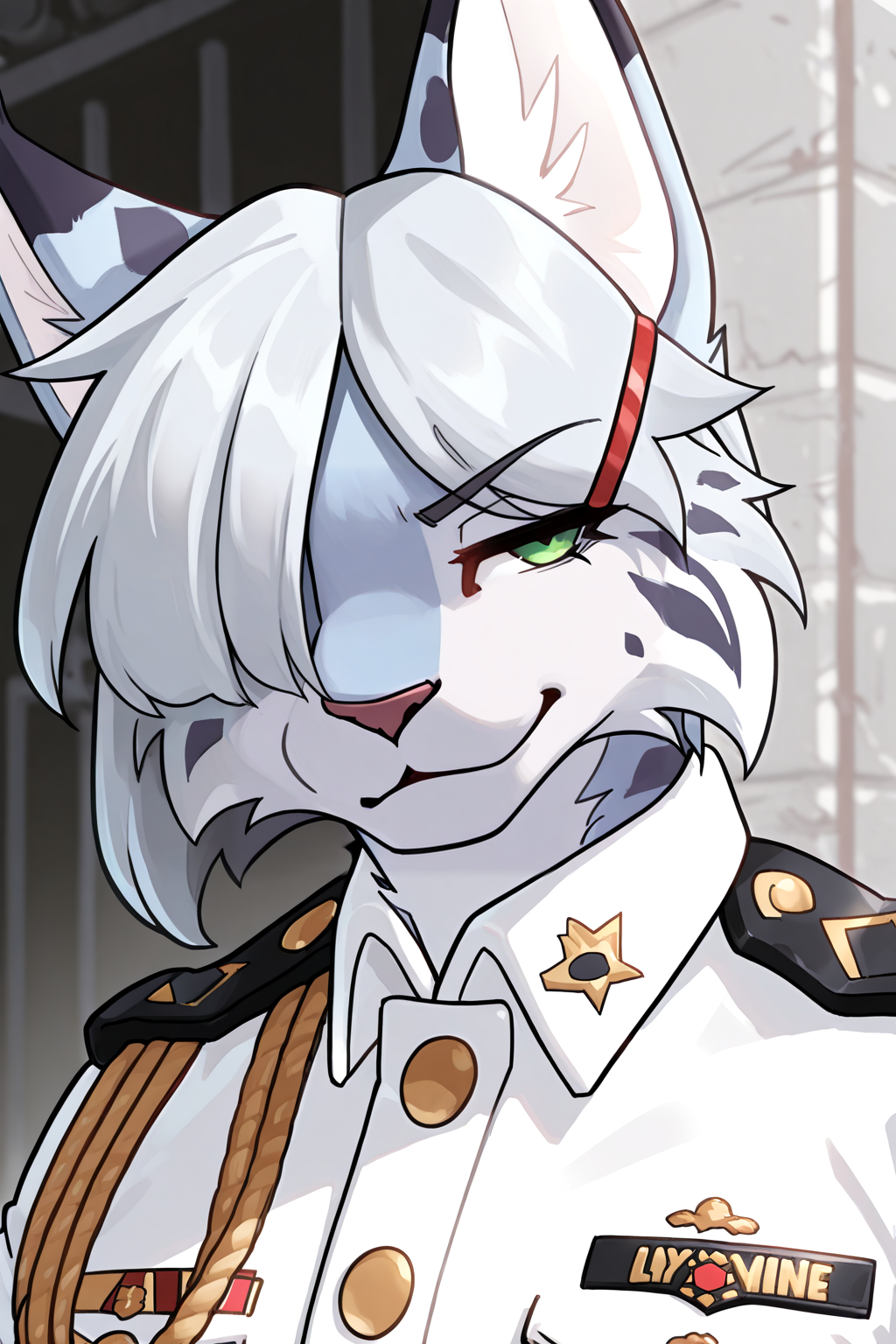 masterpiece, best quality, newest, absurdres, highres, furry, perfect anatomy, detailed eyes, ((1girl, solo, female, lynx, light blue fur, black spotted body, silver hair, monotone hair, bob hair, hair over eye, one eye obstructed, green eyes, red hairpin, muscular, smirk, white military uniform, street, black limousine)), pederont, by pederont