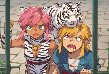 score_9, score_8_up, score_7_up, score_6_up, Masterpiece, source_anime screenshot, duo, 1 girl, 1 boy, vivid colors, full color, shiny and glossy, anime style, high-res, beautiful aesthetic, very intricate, high-quality details, vibrant, highly detailed, award-winning, professional, <lora:pink-ponyxl-v2:1>, 1 girl, single fang showing, sleeveless dress, white tiger print dress, pelvic curtain, cleavage, white cat ears, cat bell necklace, bright pink hair, tanned, white tiger tail, red sash, small breasts, leather shoes, detailed eyes, green eyes, detailed face, break, <lora:link:1> 1boy, link1, link, pointy ears, blonde hair, blue eyes, medium hair, side locks, earrings, short ponytail, blue hylian tunic, break, pink and link shouting, pink and link holding signs high above their heads, front view,