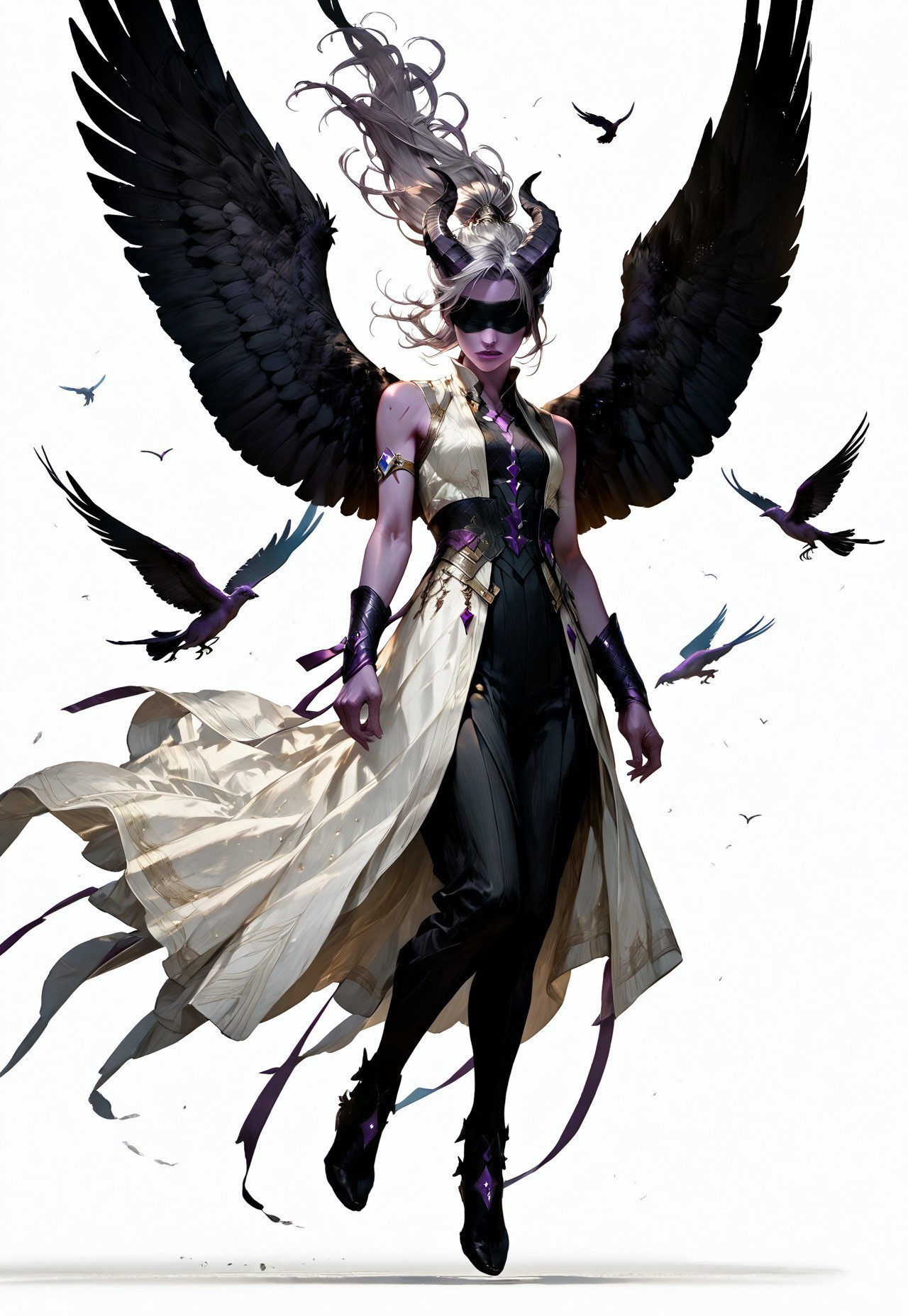 (absurdres, best quality, masterpiece:1.4), 
score_9, score_8_up, score_7_up, score_6_up, 
detailed, 
detailed body, 
detailed face, 
(((smooth skin, unbroken skin, detailed skin))), 
fantasy, 
alone, 

female, 
tiefling, 
h0rns, 
ram horns, 
black horns, 
tall, 
((((purple skin)))), 
((long grey hair, ponytail)), 
(((wingsd, black wings))),

floating, flying, hovering, weightless, 

(white robe, sleeveless, 
blindfold, black cloth blindfold), 

(((white background, plain background))), 
full body, 
front view, 