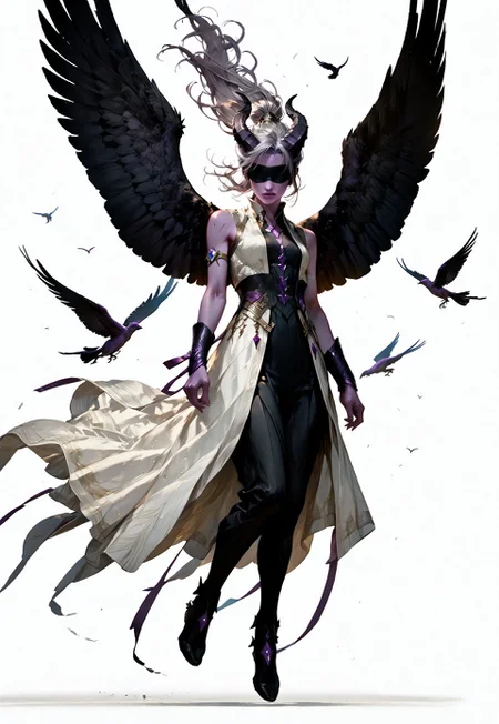 (absurdres, best quality, masterpiece:1.4),
score_9, score_8_up, score_7_up, score_6_up,
detailed,
detailed body,
detailed face,
(((smooth skin, unbroken skin, detailed skin))),
fantasy,
alone,
female,
tiefling,
h0rns,
ram horns,
black horns,
tall,
((((purple skin)))),
((long grey hair, ponytail)),
(((wingsd, black wings))),
floating, flying, hovering, weightless,
(white robe, sleeveless,
blindfold, black cloth blindfold),
(((white background, plain background))),
full body,
front view,