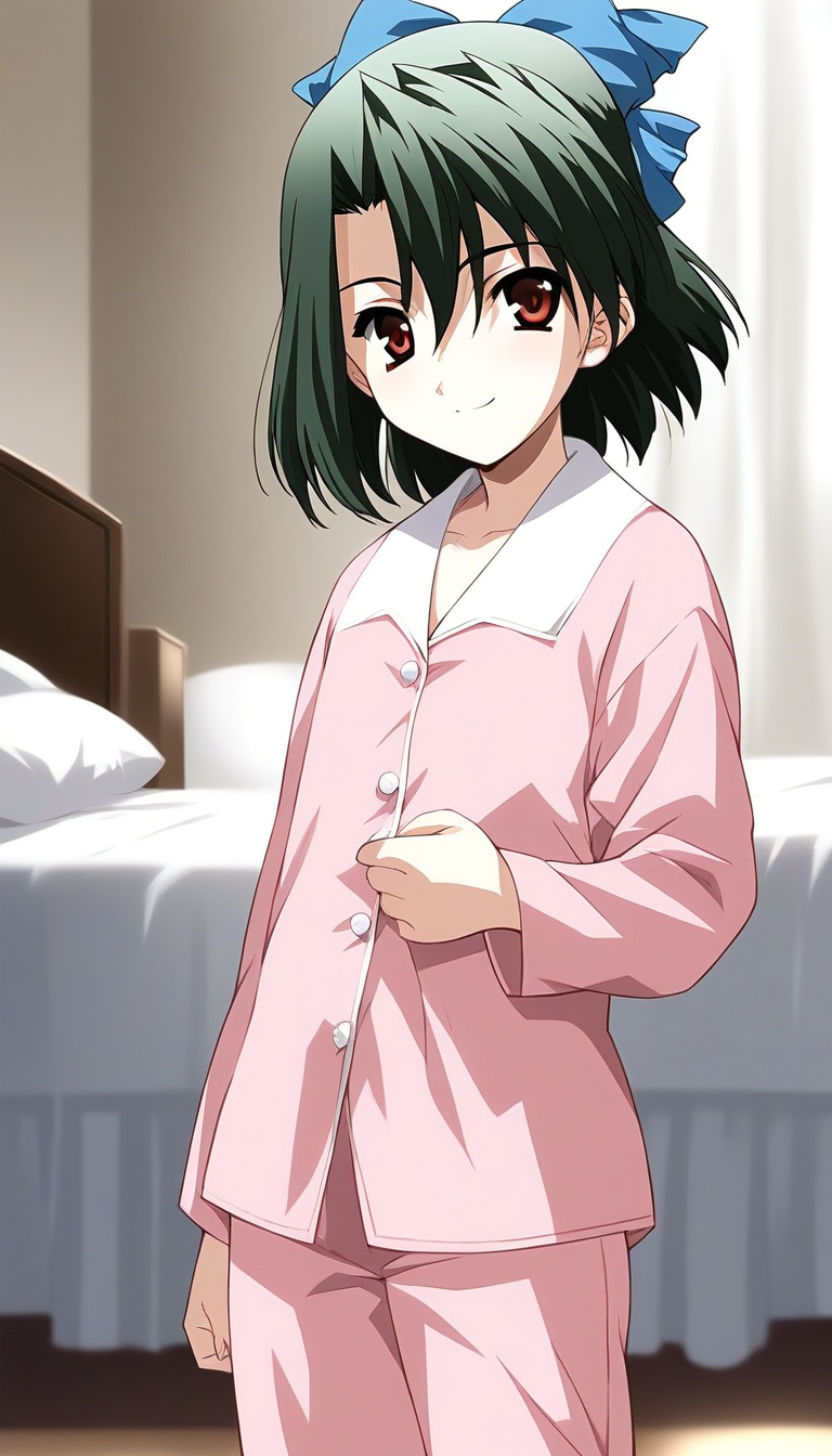 score_9, score_8_up, score_7_up, source_anime, rating_explicit, BREAK  <lora:Kiyoura_Setsuna_XL:1> Kiyoura_Setsuna, green hair, short hair, ribbon, red eyes, hair ribbon, flat chest,hair between eyes, bangs, short twintail,
pink pajamas, long pants, smile, light blue bow,
bed room,
looking at viewer, 
cowboy_Shot,