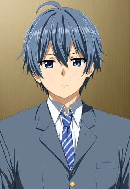 high resolution, solo, best quality, 1Boy, Tomoya Okazaki, Grey Blue Hair, school life, school uniform, OverallDetail