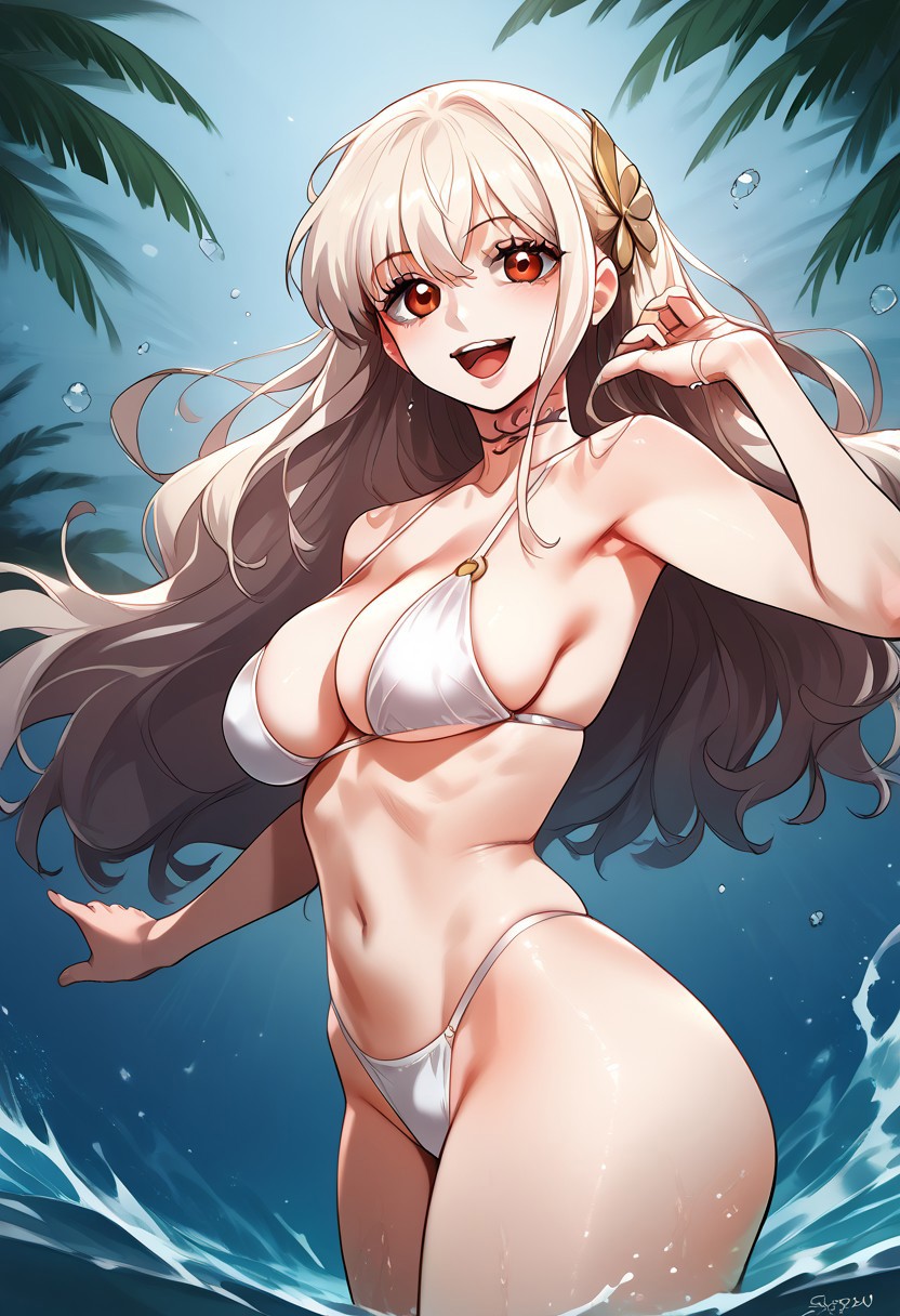 zPDXL3, score_9_up, score_8_up, score_7_up, (Anime_source), 1girl, Carla, reddish eyes, light blonde hair, long hair, tattoo around neck, cowboy shot, standing in water, looking at viewer, open mouth, smile, from side, palm trees, light blush, one piece bikini, white theme, water waves, water drops, particles