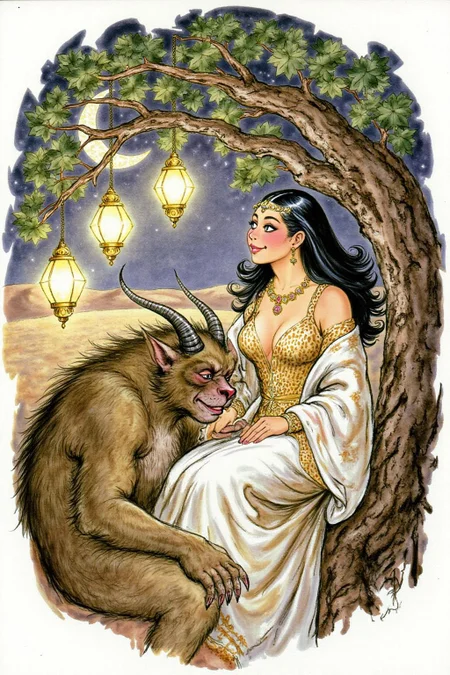 d0sn Illustration of a scene from Arabian Nights, rendered in intricate, colorful detail. A beautiful woman and a sleeping demon. The woman sits gracefully under a sprawling tree with lush, curving branches and hanging vines. She has striking, almond-shaped eyes, dark flowing hair, and wears elegant traditional attire with ornate jewelry that glimmers softly under the moonlight. Her expression is calm and serene as she gazes thoughtfully into the distance. Resting his head gently on her lap is a large demon with a powerful, otherworldly presence. The demon, though fearsome in size, appears vulnerable as he lies beside her. His skin has a muted, earthy tone, and his features--sharp and beastly--are softened by a look of weary contentment. His claws are retracted, and he exudes a mixture of strength and peace in her presence. The tree's twisted branches arc above them, framing the scene like a natural canopy. Golden lamps hang from the tree, casting warm, soft light, illuminating the two figures in a magical glow. The background is a deep, starry night, with hints of distant desert dunes and a crescent moon overhead, creating an enchanting and mystical ambiance that draws the viewer into this world of fantasy and myth. <lora:d0sn_illus7_cap_d6a3:1.0><lora:805816593218201693:0>