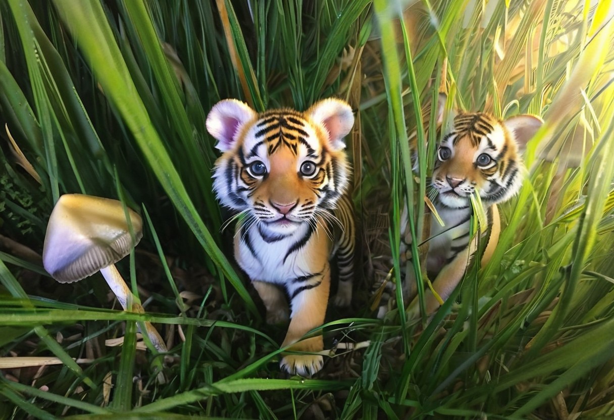 photo of small cute tigers playing in long grass, detailed eyes, detailed face, detailed fur, detailed paws, happy, many mushrooms, grass, ethereal mist, evening sun, sunset sky, colorful clouds, rainbows, ((((dark-grasshrooms))))