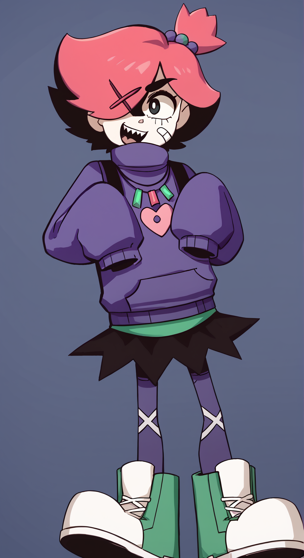 ((score_9)), score_8_up, score_7_up, high quality, masterpiece,    epitheterased, handfixer, 1girl, TrixieEE, Pink Hair, hair over one eye, sharp teeth, short hair, hairclip, black eyes, side ponytail, bandaid on face, ((cute)), ((short)), skinny, slender, ((petite body)), purple sweater, sleeves past wrists, hair ornaments, hair bobbles, sleeves past fingers, necklace, pantyhose, turtleneck, green footwear, sneakers , black skirt, flat colors , (((+ +))), claws, (blades), weapons,<lora:Trixie_Roughhouse:1>,<lora:HandFixer_pdxl_Incrs_v1:1>,<lora:EpithetErased:0.7>