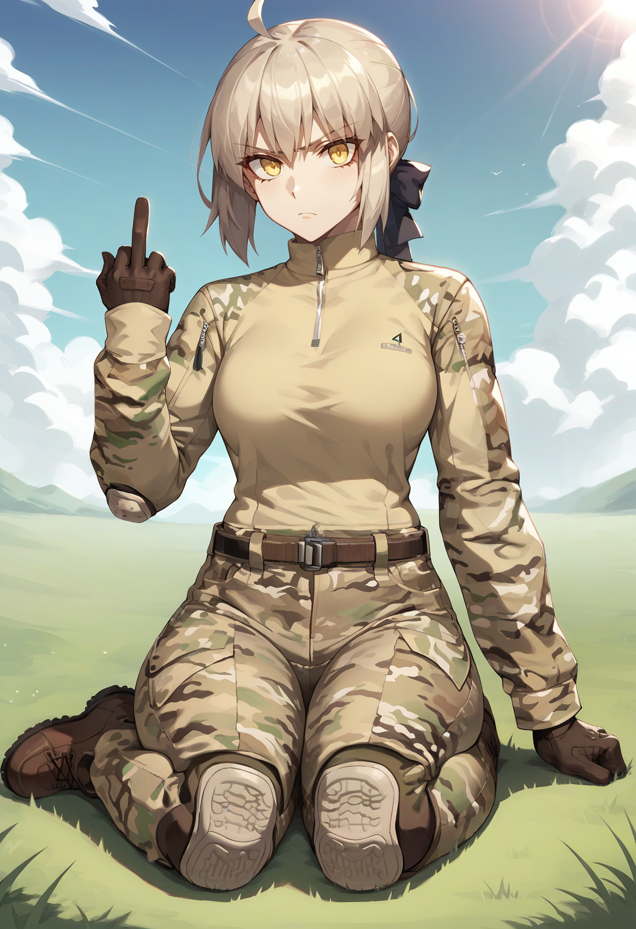 score_9, score_8_up, score_7_up, score_6_up, 1girl, solo, saber alter,
<lora:G4MulticamUniform:0.8>, G4MulticamUniform, camouflage, camouflage pants, camouflage shirt, long sleeves, shirt tucked in, zipper, belt, knee pads, brown footwear, brown gloves,
looking at viewer, serious, on grass, middle finger,
BREAK, blue sky, grass, sunlight,