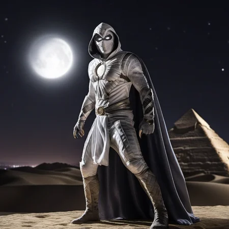 MoonKnight1024, a man, +++(full body), fighting pose, egypt, pyramid, detailed eyes, highly detailed , photography, ultra sharp, film, bokeh, professional, 4k, highly detailed <lora:add-detail-xl:1.5> <lora:MoonKnight1024:0.8>