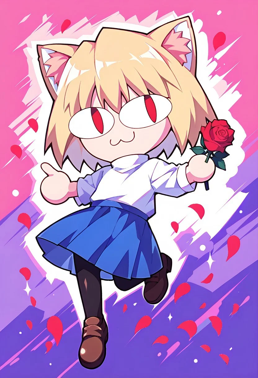score 7 up, score 8 up, score 9 up, mesterpiece, best qualty, vibrant,
BREAK
necoarc, blonde hair, red eyes, slit pupils, cat ears, :3, chibi, turtleneck, white shirt, blue skirt, pleated skirt, pantyhose, brown footwear,
BREAK
finger gun,rose,petals, dunamic pose, abstract background