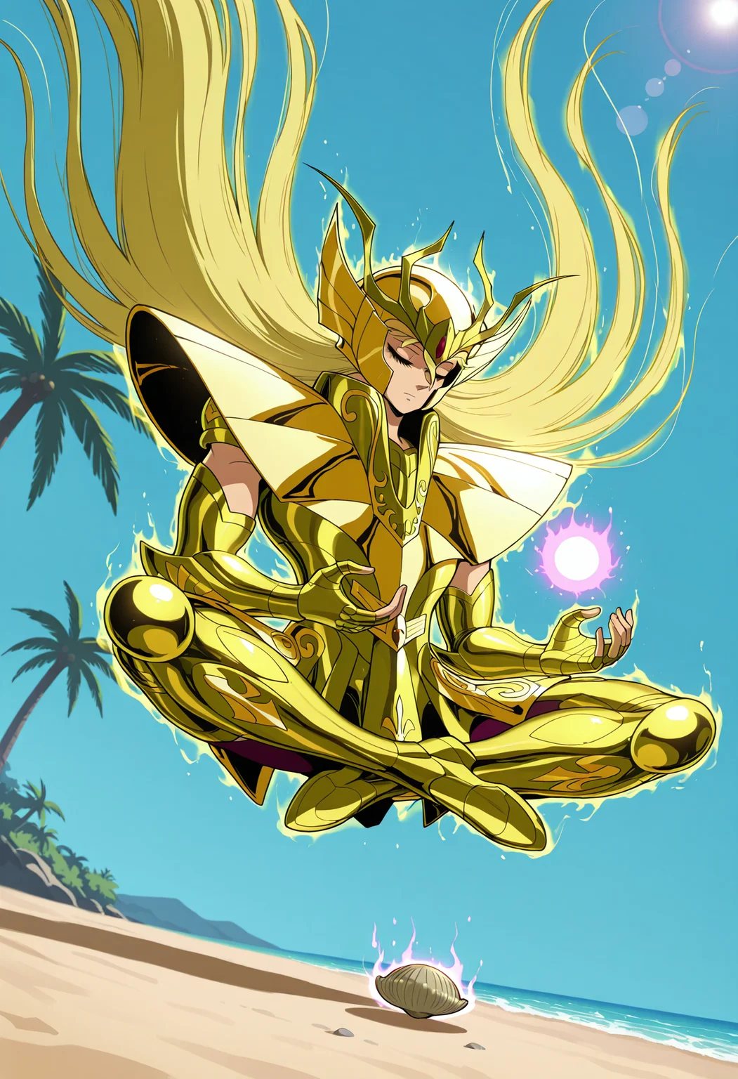 <lora:[Char - IL] Saint Seiya - Shaka (R1E11):1> ss_shaka, virgo armor, helmet, golden armor, blonde hair, very long hair,
solo, 
meditation, indian style, dhyana mudra,
(floating, levitation, midair:1.3),
energy ripple,
dynamic angle,
clam, relaxed, closed eyes, bindi, floating hair,
wind, glowing outline, aura,
BREAK
very awa, best quality, masterpiece, highres,
beach, umbrella, palm tree, lens flare, blue sky,