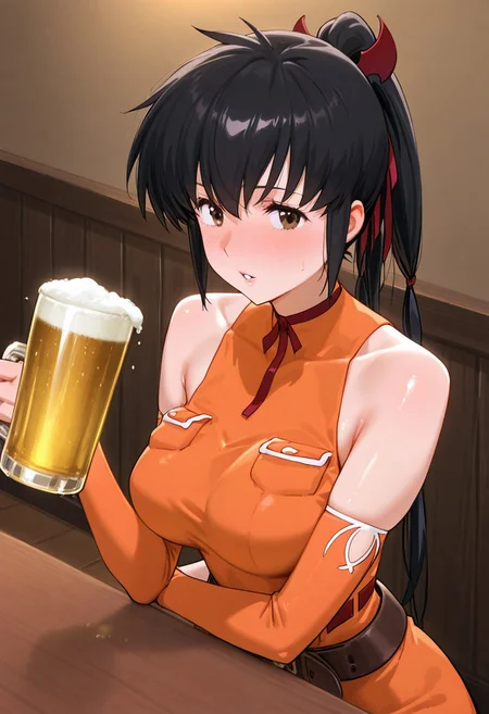 masterpiece,best quality,newest,extremely detailed,highres, absurdres, amazing quality,
BREAK
lisa_pacifist, black hair, 1girl, solo, ponytail, twintails, long hair, breasts, black hair, brown eyes, parted lips, detached sleeves, bare shoulders,ribbon, belt, hair ribbon, elbow gloves, dress, sleeveless, orange shirt, shiny skin,
BREAK
upper body, holding beer, dinner, table, drink beer,