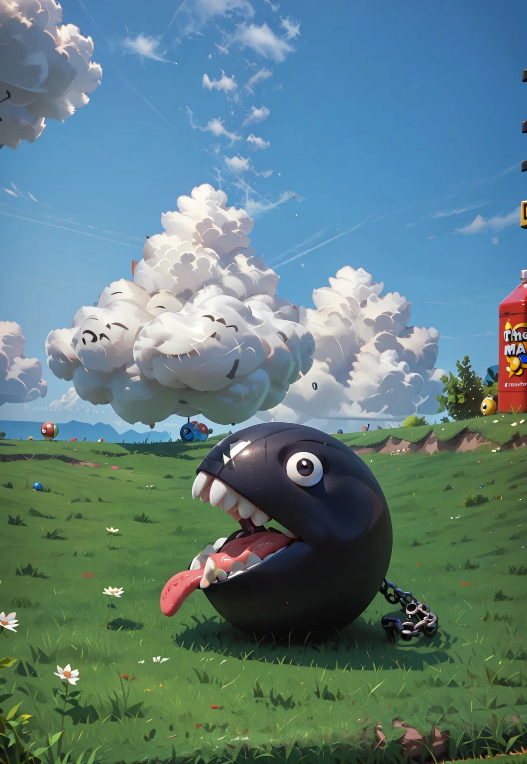 score_9, score_8_up, score_7_up,monster,solo, chained chomp, iron, looking at viewer, tongue, looking at viewer, grass, sky, cloud