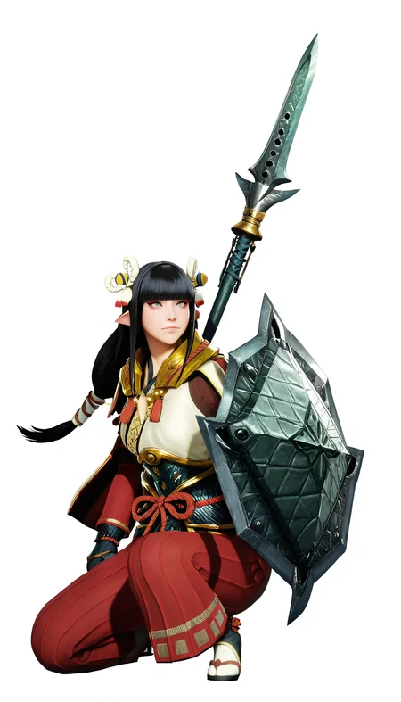 masterpiece,best quality,amazing quality,
<lora:mhminotoNAI:1>,mhminoto,realistic,
1girl,solo,black hair,long hair,blunt bangs,hair ornament,low ponytail,yellow eyes,red and white short cape,white robe top,green waist armor,red hakama pants,black gloves,white tabi sock,black footwear,full body,on one knee,looking ahead,holding shield and spear,flowing hair,white background,