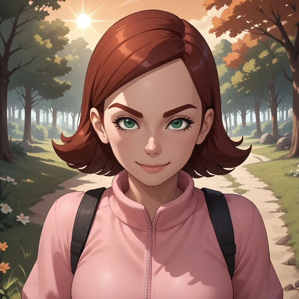 score_9, score_8, BREAK, solo, wii, mii, wii sports, 1girl, female mii, dark red hair, dark red eyebrows, green eyes, pink clothing, white pants, shoes, breasts, nintendo mii, modern_mii, classic_mii, Jen_(Wii_Sports), cute, sexy pose, self portrait, smile, outdoors, sunlight, shadows, evening lighting, natural lighting, forest, trees, grass, orange sky, sunset