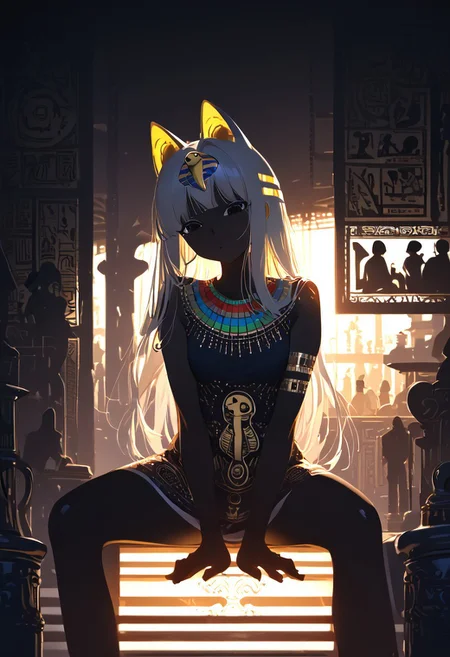 (masterpiece, best quality), (score_9, score_8_up, score_7_up,source_anime), 4K8K, high res image, Uncorrected, white print, lineart print, print, 
from front, body focus, portrait, 
Ankha_(Animal_Crossing), (solo:1.3), 
(animals), silhouette, backlit, backlighting, dark night, Porcelain Mix Gold, pmg style, 
(golden lines, white silhouette skin, Skin like porcelain), 
sitting, bent over, spreading legs, Arms between legs, Porcelain wall, (small stature, petite:1.3), (breasts:1.1), (white hair, verry long hair, cat ears, cat's eyes, Ankha eyes),
