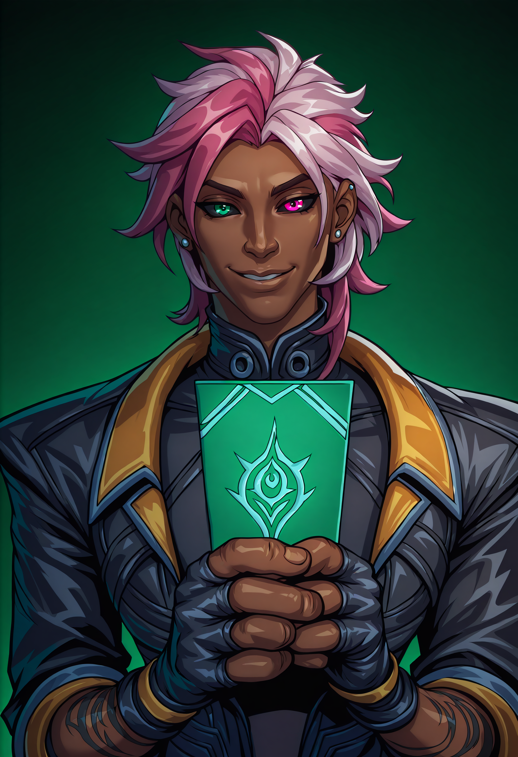 (masterpiece, best quality, highres, 8k, extremely detailed, absurdres), hrstlxks style, solo, smile, short hair, bangs, shirt, red eyes, gloves, 1boy, holding, jewelry, green eyes, jacket, upper body, pink hair, male focus, multicolored hair, earrings, parted lips, open clothes, dark skin, fingerless gloves, pink eyes, open jacket, tattoo, heterochromia, piercing, colored sclera, black sclera, <lora:Heartsteel_PARANOIA_Illustrious_XL:1>