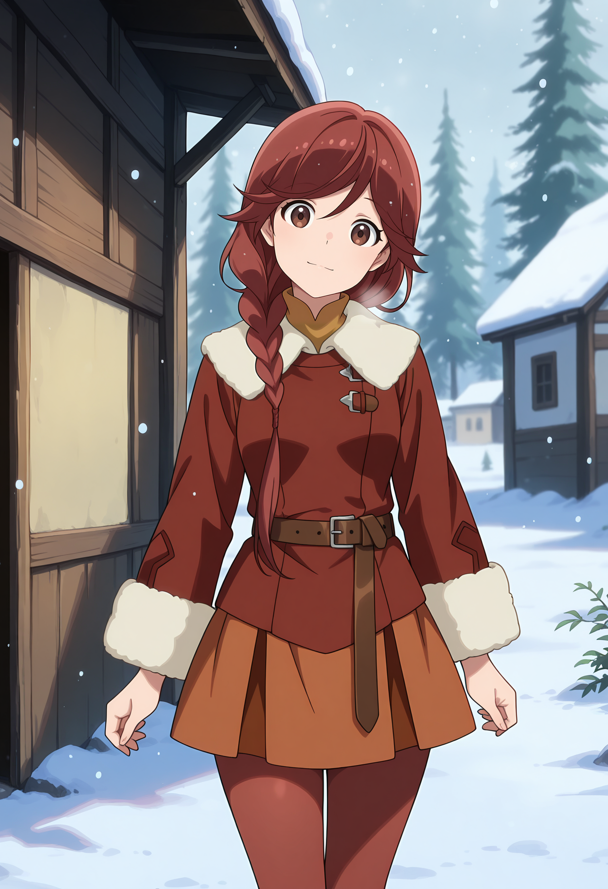 anime screencap, masterpiece, best quality,
<lora:HaiToGensouNoGrimgar_Yume_IlluXL:0.9>,
1girl, solo, closed mouth, light smile, head tilt,
long hair, hair over shoulder, single braid, red hair, brown eyes,
YumeWinter, fur-trimmed collar, red jacket, fur-trimmed sleeves, brown belt, orange skirt, red pantyhose,
standing, looking at viewer, thighs,
medieval, winter, snow, snowing, town, forest, foliage, blurry background, day