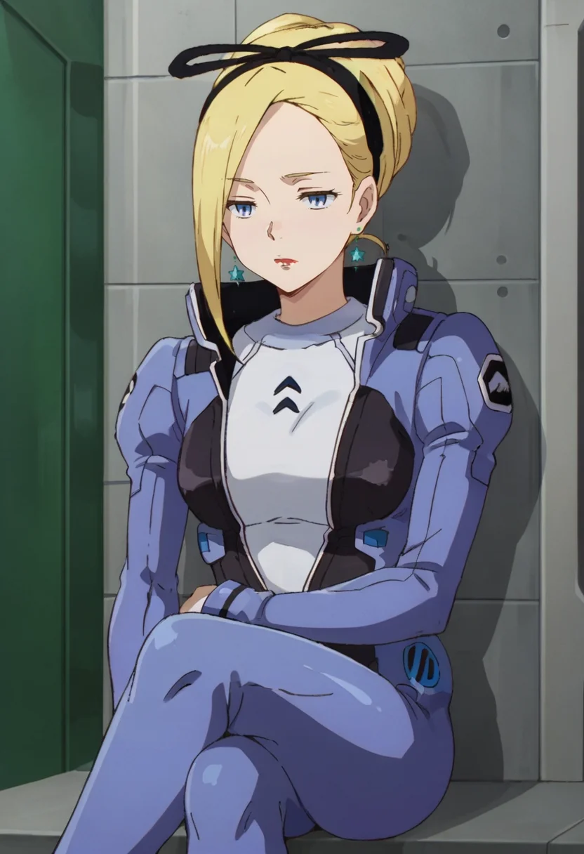 score_9,score_8_up,score_7_up,anime coloring BREAK source_anime,anime,<lora:Mick_Jack_Pony:0.8>,mickjack,1girl,solo,blue eyes,blonde hair,hair up,hairband,earrings,lipstick,pilot suit,inner suit,sleepy,half-closed eyes,sitting,crossed_legs,indoors,against wall,