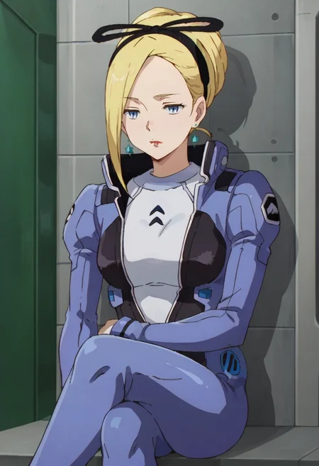 score_9,score_8_up,score_7_up,anime coloring BREAK source_anime,anime,<lora:Mick_Jack_Pony:0.8>,mickjack,1girl,solo,blue eyes,blonde hair,hair up,hairband,earrings,lipstick,pilot suit,inner suit,sleepy,half-closed eyes,sitting,crossed_legs,indoors,against wall,