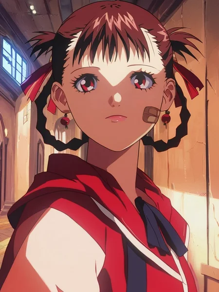 score_9, score_8_up, score_7_up, volumetric lighting,
sawa, a woman in a red shirt standing in a hallway, 1girl, solo, looking at viewer, short hair, bangs, brown hair, red eyes, closed mouth, hair ribbon, upper body, braid, red hair, scarf, from side, hair rings, bandaid on face, retro artstyle, 1990s style
<lora:akite_pony_v1_mx:0.95>