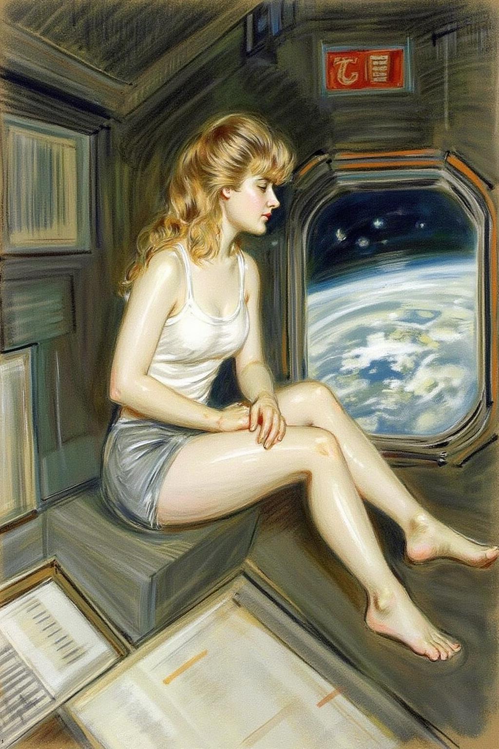 paulcesarhelleu1 illustration. 
Side profile view of a blonde, floating weightless, space station. She is wearing short shorts, white tank top and barefoot, and looking outside towards earth. She is melancholic, and is thinking of her family back on earth.
 <lora:paulcesarhelleu1_cap_d6a3e11:1.0><lora:844398945863034490:0>