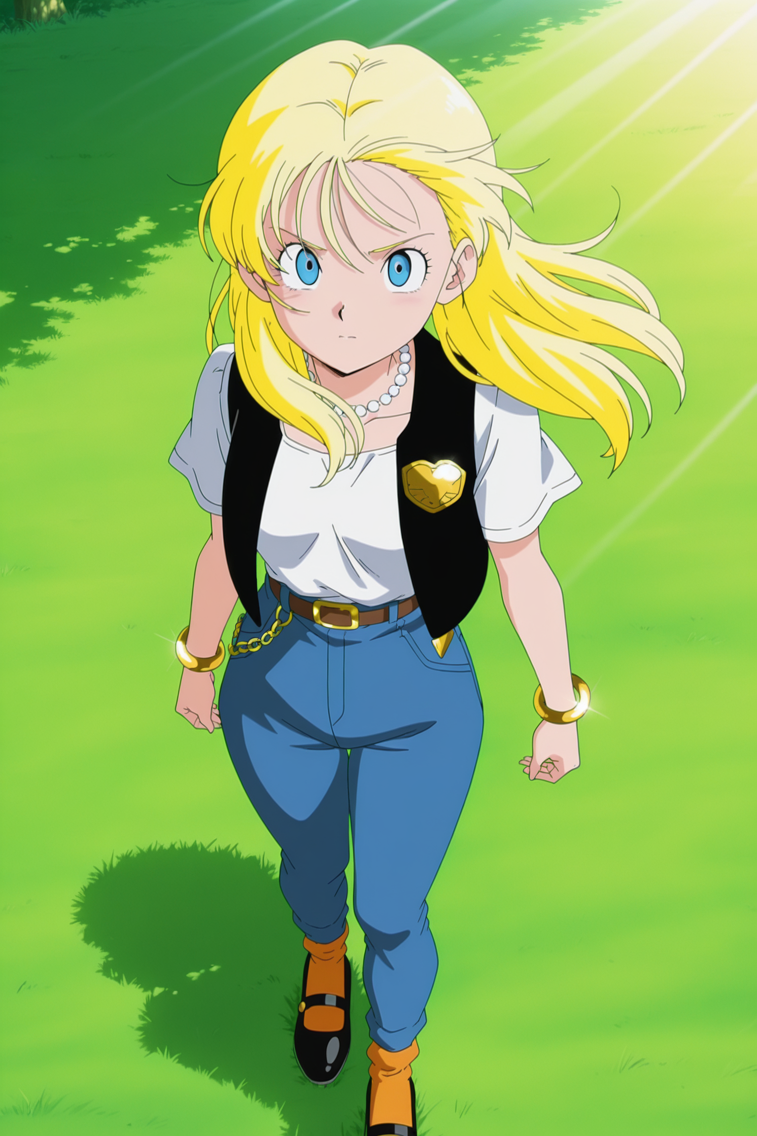 anime screencap, masterpiece, best quality, amazing quality, very aesthetic, absurdres,  newest, (scenery, volumetric lighting),
official style, 1girl, solo, 
marron, blue eyes, blonde hair, hair down long hair, wind lift, 
loose socks, belt, pearl necklace, open black vest, blue legwear, gold chain, badge, high-waist pants, jeans, mary janes, orange legwear, shirt tucked in, short sleeves, white shirt, open vest over shirt, denim, gold bracelet, black footwear, grass, from above, looking at viewer, day, 
dappled sunlight, light rays, 
 <lora:Marron_IL:0.8>