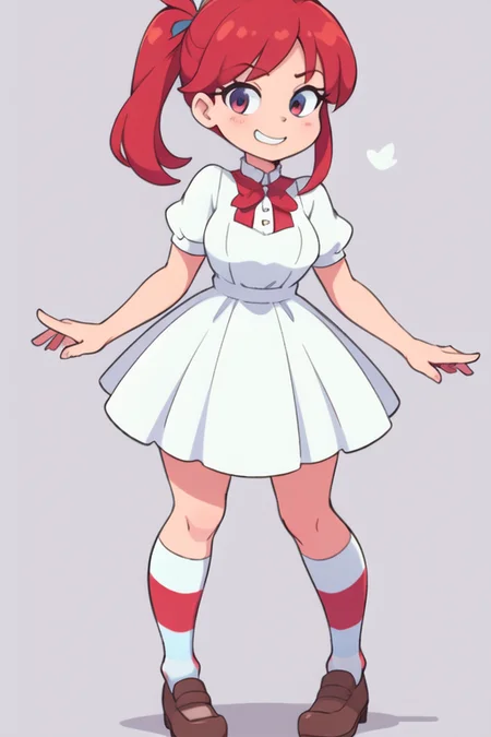 1girl, <lora:WendyW:0.7>, wendyw, striped socks, white and blue dress, red hair