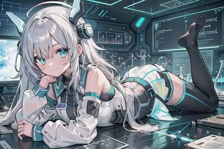 (masterpiece), (science fiction:1.4), 1girl, lying on a mirror, smile, silver hair, aqua eyes, headgear, long sleeves, detached sleeves, glowing energy clothing