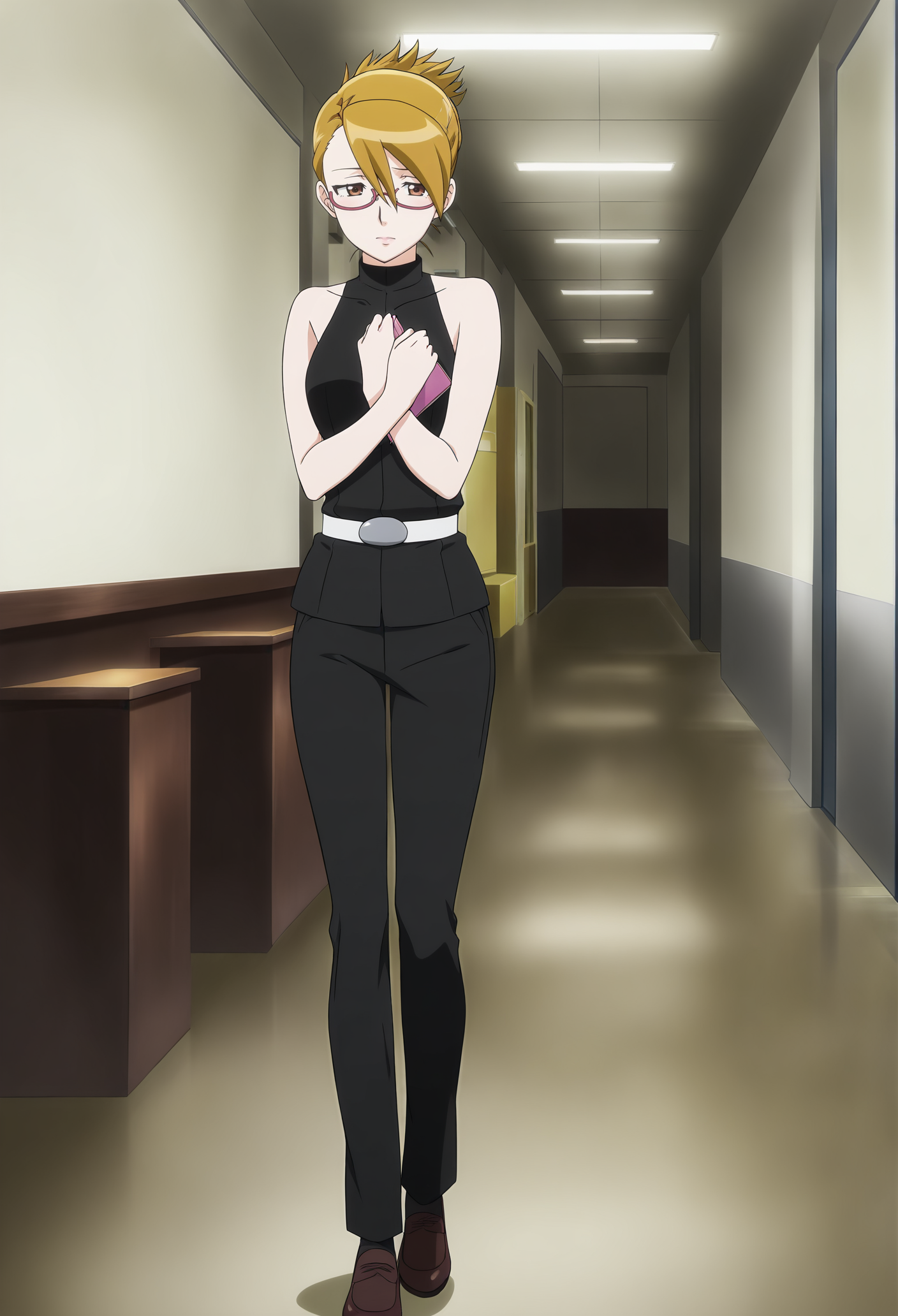 anime screencap,anime coloring,detailed face,masterpiece,best quality,very aesthetic,absurdres,volumetric lighting,official style,amazing quality,ultra detailed,highres,amazing quality,scenery,beautiful detailed hair,beautiful detailed eyes,<lora:Adrian Andrews-IL V1:1>,
Adrian Andrews,1girl,solo,blonde hair,indoors,brown eyes,semi-rimless eyewear,under-rim eyewear,
black pants,black sleeveless turtleneck,white belt,brown shoes,folded ponytail,