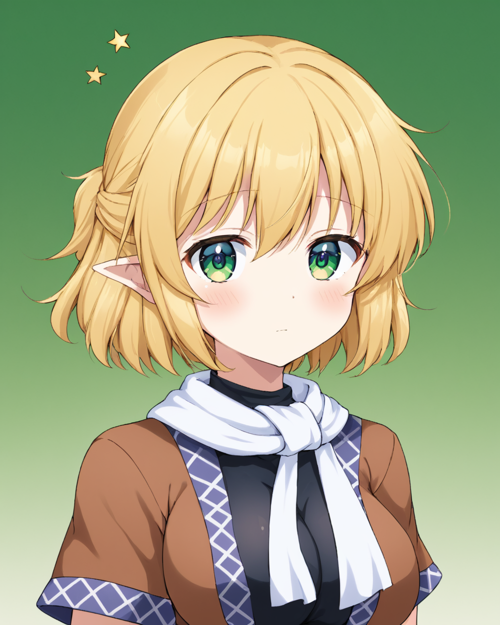 mizuhashi parsee,1girl, solo, looking_at_viewer, upper_body, white_scarf, closed_mouth, short_sleeves, blush, brown_shirt, half_updo, green_background, breasts, gradient_background, gradient, black_shirt, expressionless
<lora:mizuhashi_parsee_image5693_2023-12-17-000005:1>,star-shaped_pupils,symbol-shaped_pupils,. gorgeous,key visual, vibrant, studio anime,award-winning, professional, highly detailed,high budget, cinemascope