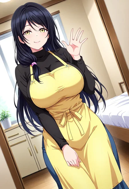 general,highres, ultra-detailed,very aesthetic,best quality ,best hands,best eyes,easynegative,
dynamic anglre, dutch angle, anime cloring,
1girl solo,looking at viewer,smile,bedroom, standing, waving hand,
Sera no Haha,black_hair, long_hair, yellow eyes, huge_breasts, shushu,shirt, skirt, apron,