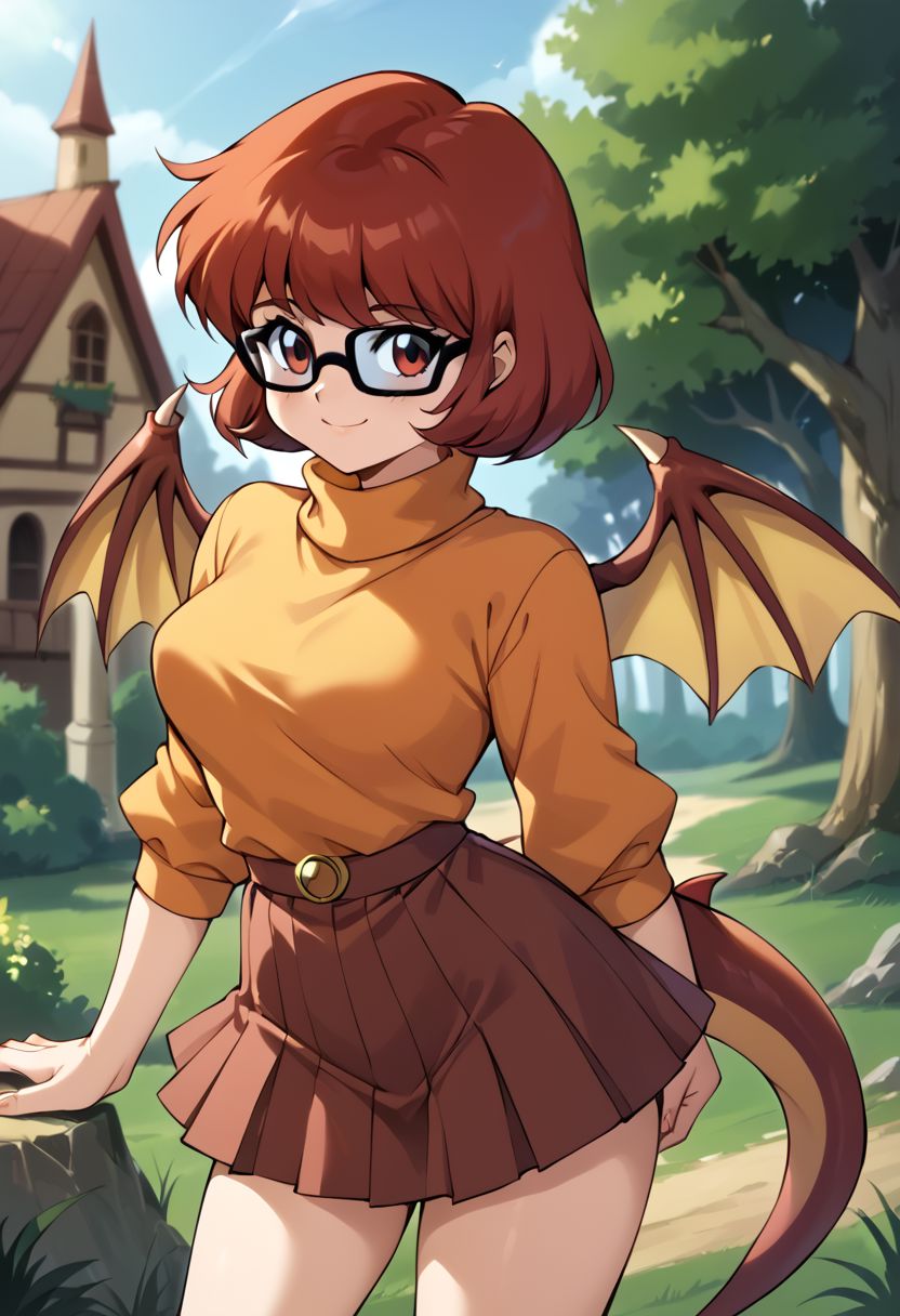 score_9, score_8_up, score_7_up,
m1nk, 1girl, Velma, orange turtleneck, brown skirt, dragon tail, dragon wings, smile,
retro artstyle, 1990s \(style\)
detailed background, outdoors, haunted house,
