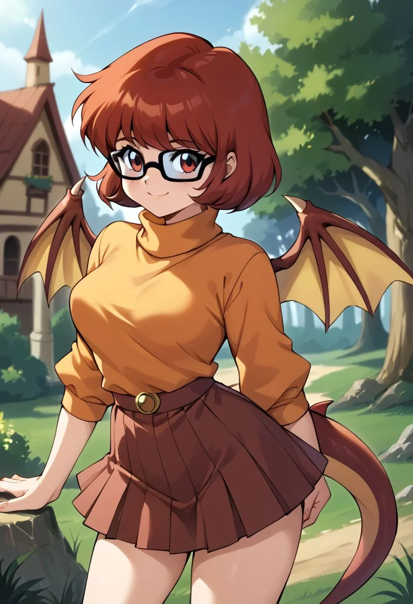 score_9, score_8_up, score_7_up,
m1nk, 1girl, Velma, orange turtleneck, brown skirt, dragon tail, dragon wings, smile,
retro artstyle, 1990s \(style\)
detailed background, outdoors, haunted house,