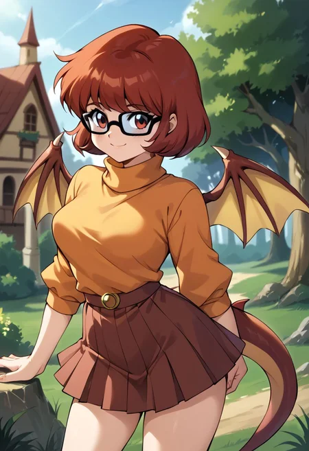 score_9, score_8_up, score_7_up,
m1nk, 1girl, Velma, orange turtleneck, brown skirt, dragon tail, dragon wings, smile,
retro artstyle, 1990s \(style\)
detailed background, outdoors, haunted house,