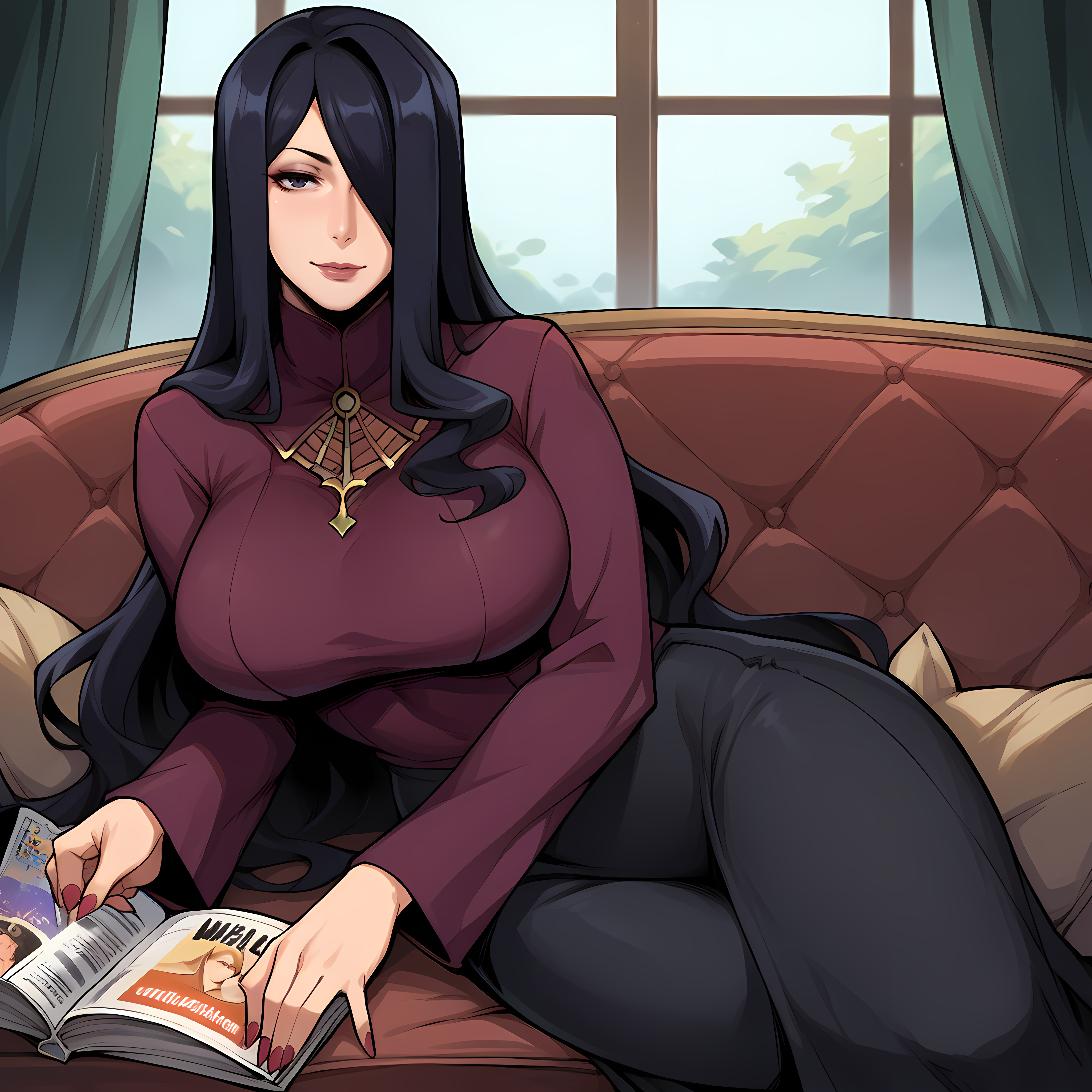 score_9,score_8_up,score_7_up,score_6_up,source_anime,rating_questionable,solo, 1girl,  <lora:Queen_Nancy_-_Skullgirls:0.8>QueenNancy,long hair, hair over one eye, large breasts,  black hair,  mature woman, on couch, magazine, zPDXL2,