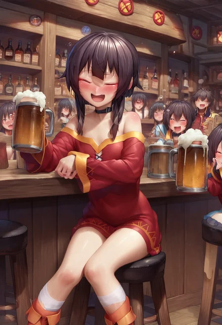 score_9, score_8_up, score_7_up, 1girl, Megumin, sitting, bar, beer, mug, drunk, laughing, aki99P