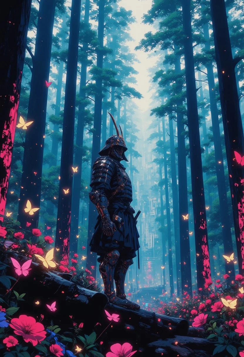 samurai in svmurai armor standing in a futuristic forest. Tall trees are surrounded by bright neon lights and digital elements that permeate the entire scene, creating a high-tech feel. In the foreground are flowers, glowing butterflies, and in the background are tall structural skyscrapers rising up into an atmosphere of fog and light