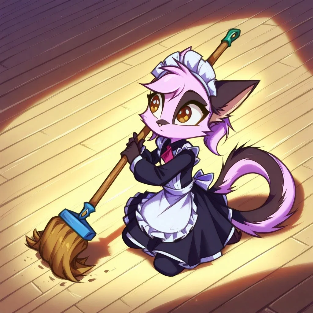 Dreamkeepers,1girl,Prelude_Vi,solo,furry,tail,source_furry,hazel eyes,
child, kid, noelle, genshin impact, maid uniform, sweeping floor, broom,