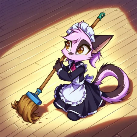 Dreamkeepers,1girl,Prelude_Vi,solo,furry,tail,source_furry,hazel eyes,
child, kid, noelle, genshin impact, maid uniform, sweeping floor, broom,