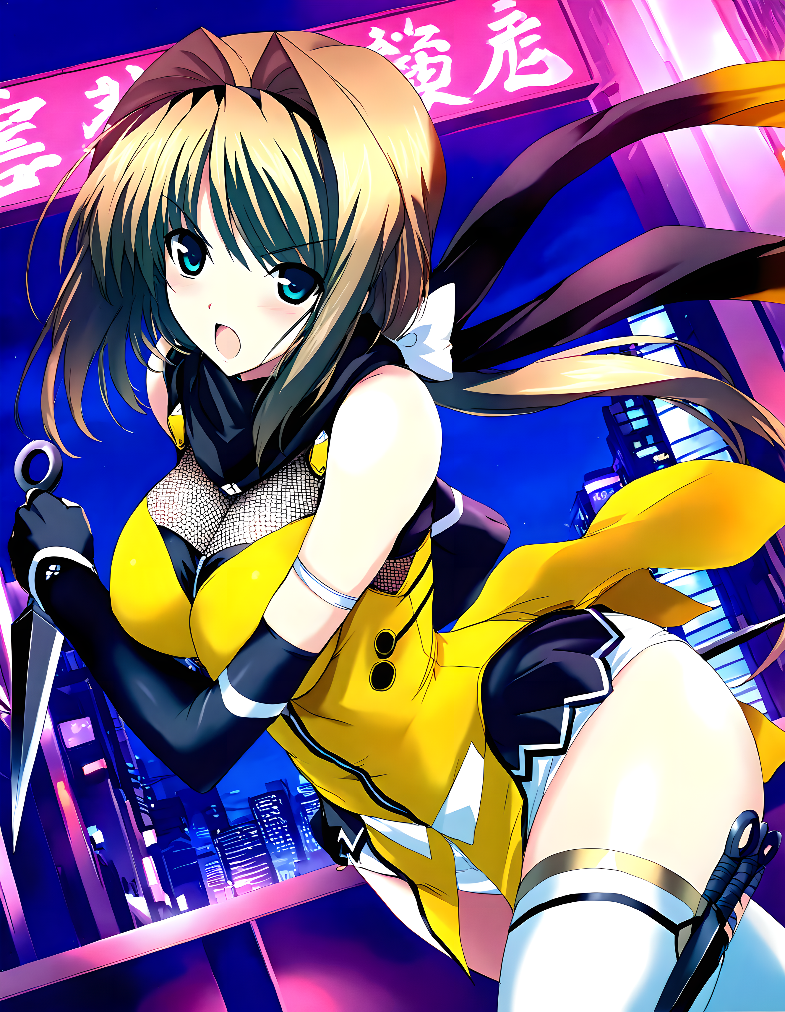 <lora:illustrious_XL_takamori:0.8>,takamori,masterpiece,best quality,good quality,1girl,solo,scarf,yellow clothes,mesh shirt,elbow gloves,fingerless gloves,white thighhighs,night,city,standing,holding_weapon,kunai,reverse grip,cowboy_shot,v-shaped eyebrows,open mouth,