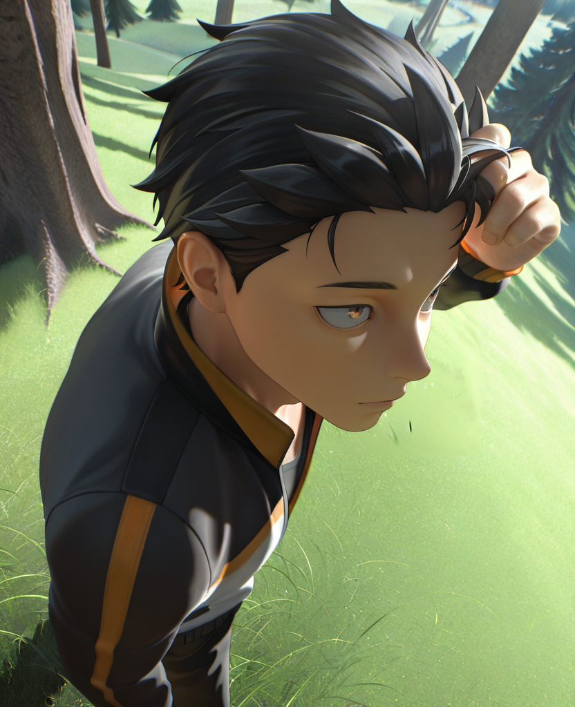 masterpiece, best quality, amazing quality, highres, absurdres, intricate detail, 3d, realistic, very aesthetic, <lora:FPSBlyck_Style_ILLUS-000009:1> , 1boy, natsuki subaru, from above, ruffling hair, wind, outdoors, angle view, dynamic pose, grass, trees, looking afar, from side