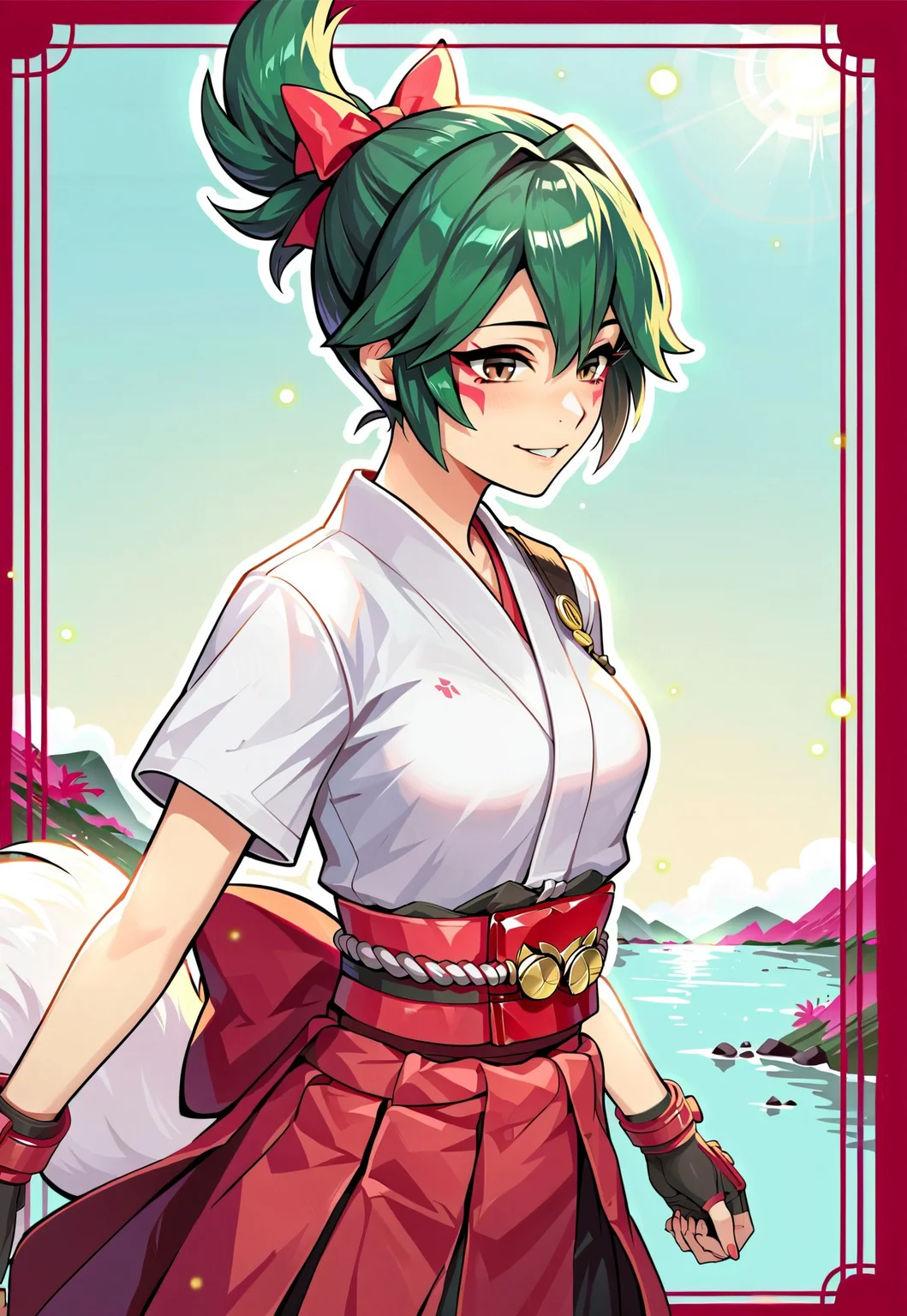 score_9, score_8_up, score_7_up, score_6_up, 8k, highest quality, high detail, masterpiece, best quality, beautiful lighting, (highest quality), source_anime, (best shadow), intricate details, ultra-detailed face, detailed eyes, perfect face, detailed eyes, anime, source_anime, (1female, kiriko_\(overwatch\) ,1girl,skirt,gloves,bow,brown eyes,short sleeves,hair bow,japanese clothes,green hair,fingerless gloves,kimono,anime,mask,red skirt,facial mark,hakama,hakama skirt,red gloves,white kimono,ninja,red hakama,facepaint,fox mask,topknot